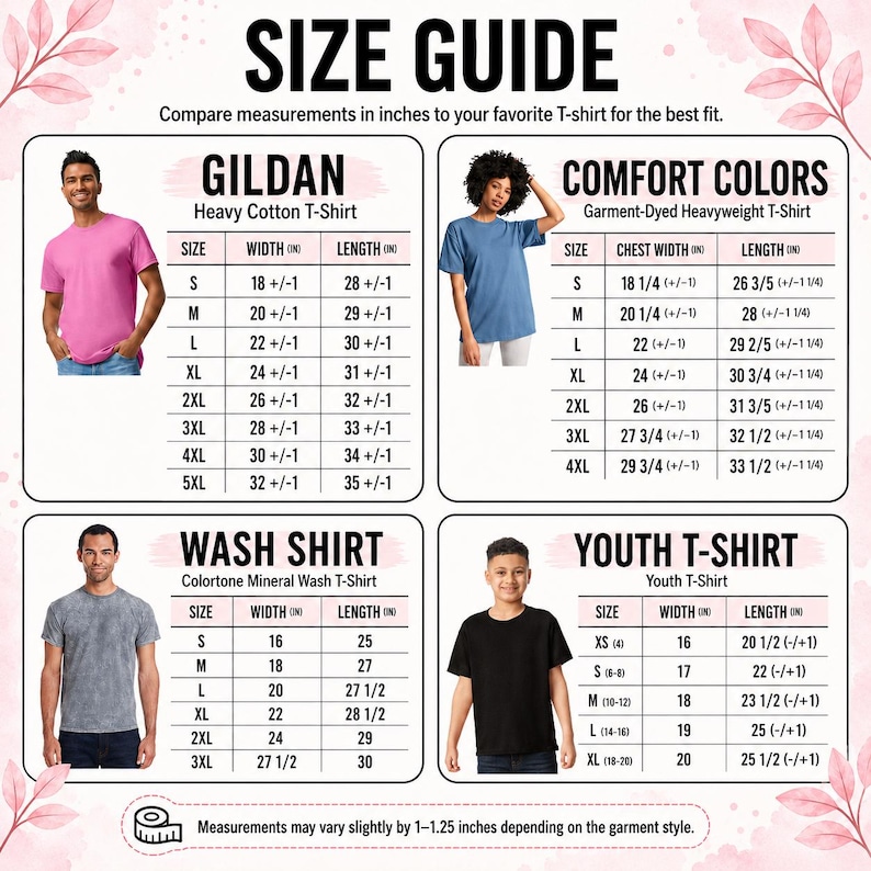 May include: A size guide chart for t-shirts featuring four sections: Gildan Heavy Cotton, Comfort Colors, Wash Shirt, and Youth T-Shirt. Each section includes a model photo and a table listing sizes from S to 5XL with width and length in inches.