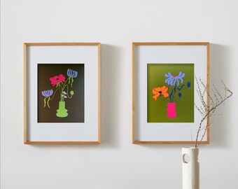 Set of two flower paper illustrations, original handmade papercut art, flower wall art