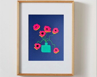 Pink poppies in green vase wall art | handmade papercut wall decor