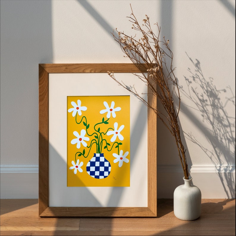 Trendy Daisies Flower Wall Art in Bright Colors and Checkered Vase
