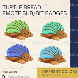 Op de afbeelding: Digitale illustratie van vier schildpad-emotes in groen, turquoise, blauw en lichtblauw. De tekst luidt "TURTLE BREAD EMOTE SUB/BIT BADGES". De afbeelding vermeldt ook "4 VERSCHILLENDE KLEUREN" en "6 VERSCHILLENDE MATEN".