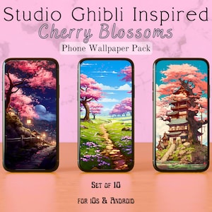 Könnte beinhalten: Ein Set mit 10 Handy-Hintergrundbildern, inspiriert von Studio Ghibli, mit Kirschblüten und japanischer Architektur. Die Hintergrundbilder sind für iOS- und Android-Geräte verfügbar.  "Set of 10" und "For iOS & Android" sind in schwarzer Schrift auf weißem Hintergrund geschrieben.