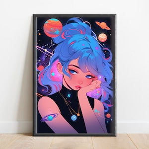 Galaxy Girl Poster | All Sizes | Ready for Print | Digital Art | Instant Download | 300 DPI | Planets and Space | High Resolution | PNG