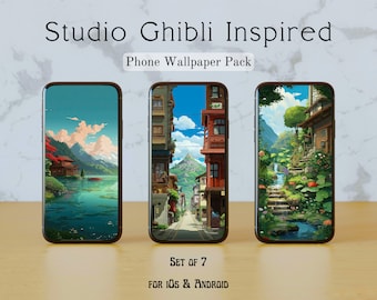 Arrière-plans de téléphone inspirés de Studio Ghibli | Lot de 7 | Tous les Smartphones | iOS et Androïd | Résolution 2k | Téléchargement instantané | Ville | Fantaisie