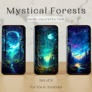 Sfondi per telefoni Foresta Mistica / Set da 8 / Tutti gli smartphone / iOS e Android / Risoluzione 2k / Download istantaneo / Cielo bellissimo / Magico