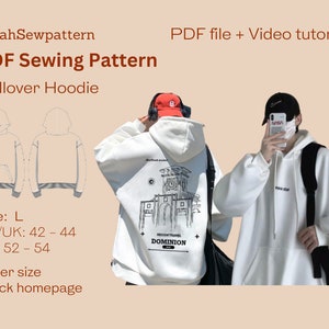 Patrones de costura de sudadera con capucha / patrón de costura de sudadera con capucha / Patrón de costura PDF / Talla L / Patrón de costura PDF con capucha / Pdf Regalo talla S - XL