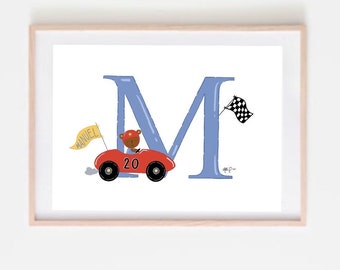 Bear in car/Personalized Initial for Kids/Children’s Art Print