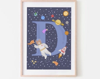 Bear Astronaut/Personalized Initial for Kids/Children’s Art Print