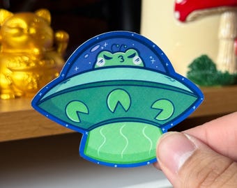 Alien Abduction Frog Sticker, Glossy Waterproof Sticker, Alien Funny Sticker