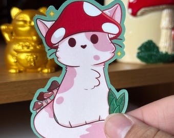 Mushroom Cat Sticker, Glossy Waterproof Sticker, Funny Cat Sticker