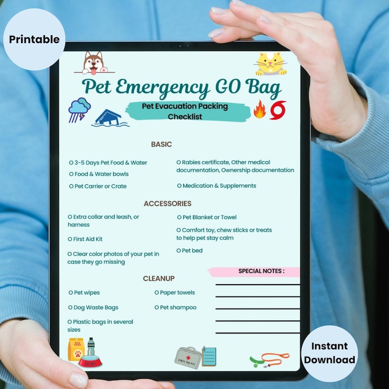 May include: A digital tablet displaying a Pet Emergency GO Bag checklist with sections for basic needs, accessories, and cleanup. The document features icons of a dog, cat, storm, flood, fire, and hurricane, with text lists for pet supplies.