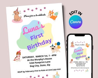 Editable Dog Birthday Party Invitation: Canva Template (Digital Download)