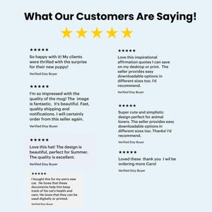 May include: A graphic display titled What Our Customers Are Saying! featuring five yellow stars and seven individual customer reviews. Each review includes a five-star rating and text from verified Etsy buyers regarding various products like mugs, hats, and digital documents.