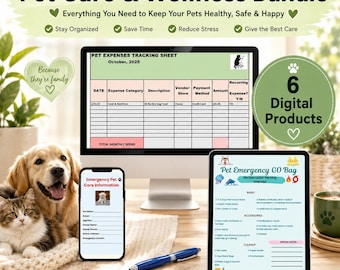 May include: A Pet Care & Wellness Bundle digital product set featuring a computer monitor displaying a Pet Expenses Tracking Sheet, a smartphone showing an Emergency Pet Care Information form, and a tablet with a Pet Emergency GO Bag checklist.