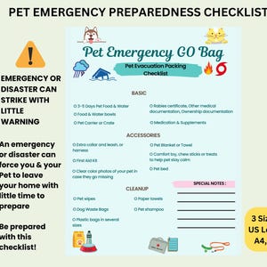 May include: A light blue pet emergency preparedness checklist with text, icons of a dog, cat, storm, fire, and hurricane. It lists items for a go bag under categories: Basic, Accessories, and Cleanup, with a section for special notes and 3 sizes.