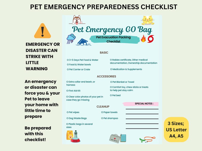May include: A light blue pet emergency preparedness checklist with text, icons of a dog, cat, storm, fire, and hurricane. It lists items for a go bag under categories: Basic, Accessories, and Cleanup, with a section for special notes and 3 sizes.