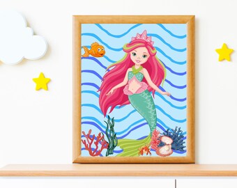 Mermaid Art Print. Mermaid Wall decor with Mermaid surrounded by sea life. Adorable Printable wall hanging!
