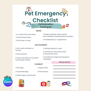 Puede incluir: Una lista de verificación de emergencia para mascotas, con secciones para necesidades básicas, accesorios y limpieza. Incluye elementos como comida, agua, transportín, botiquín de primeros auxilios y bolsas de basura. Decorado con ilustraciones temáticas de mascotas.