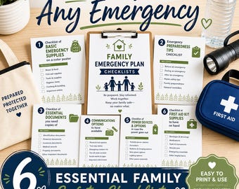 May include: A set of six white paper checklists titled Family Emergency Plan Checklists with dark blue and green text and icons. The documents include lists for basic supplies, preparedness tips, essential documents, communications, power, and first aid.