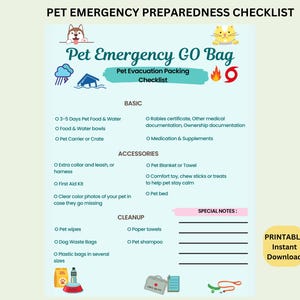 Emergency Preparedness checklist for dogs Pet Emergency Checklist Emergency evacuation checklist for pets Instant Download Printable