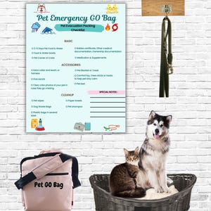 May include: A light blue pet emergency checklist with icons and text, a black leash hanging on a wooden hook, a light pink bag labeled Pet GO Bag, and a dark brown woven pet bed containing a brown tabby cat and a fluffy husky dog.