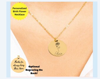 May include: A gold-toned necklace featuring a circular pendant engraved with a black floral illustration and the name Olivia. A separate circular pendant shows the text Thanks for always being there, Mom. Text reads Personalized Birth Flower Necklace.