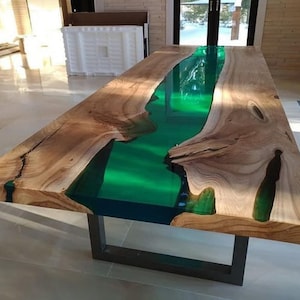 Green epoxy resin dining room table, Personalized home decor, Mid century modern handmade gift, Gift for dad