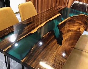 Green Epoxy resin dining and coffee table top, Custom wooden garden table, Personalized home decor furniture, Unique Handmade gift