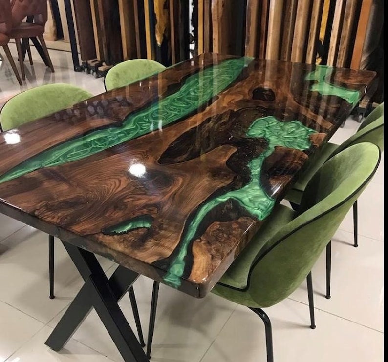 Green Epoxy Resin Dining Room Table, Personalized Home Decor, Mid