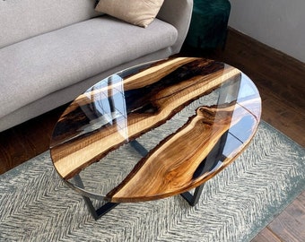Clear epoxy resin coffee table, Custom wooden furniture, Personalized home decor, Handmade gift