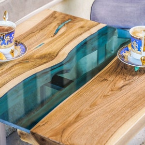 Blue square shape epoxy resin coffee table, Mid century modern, Personalized home decor, Handmade gift