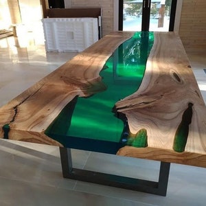 Green epoxy resin dining room table, Personalized home decor, Mid century modern handmade gift, Gift for dad