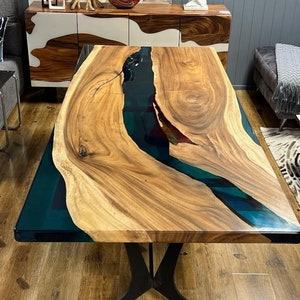 Blue epoxy resin dining table, Mid century modern, Personalized home decor, Handmade gift, Gift for dad