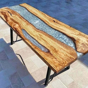 Gray epoxy resin dining room table, Personalized home decor, Mid century modern handmade gift, Gift for dad