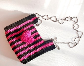 Pink and Black Striped Crochet Bag, Valentine Collection Sweet Heart Crochet Gifts- Only Download PDF