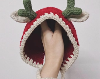 Christmas Deer Hat Crochet Pattern - Christmas Hat Crochet Xmas Red Green Wearing Crochet Children Winter Warm Gift - Only Download PDF