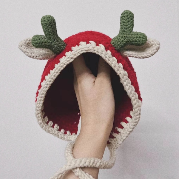 Christmas Deer Hat Crochet Pattern - Christmas Hat Crochet Xmas Red Green Wearing Crochet Children Winter Warm Gift - Only Download PDF