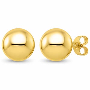 May include: A pair of polished yellow gold ball stud earrings. Each earring features a smooth, spherical design with a high-shine reflective surface. The earrings include standard post backs for secure attachment, showcasing a simple, rounded shape.