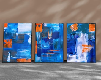 Conjunto de 3 artes de parede abstratas azuis para imprimir, decoração nórdica abstrata para casa, download digital.