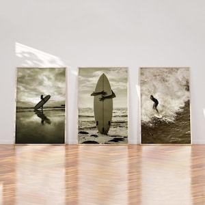 Surf Poster Set of 3 – Surfboard Wall Art for Coastal Decor – Minimalist Beach Print – Summer Room Aesthetic – Ocean Wall Art