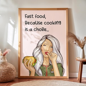 Zabawna sztuka ścienna Fast Food – plakat retro do kuchni dla miłośników jedzenia – wydruk na wózku barowym – prezent dla miłośnika burgerów