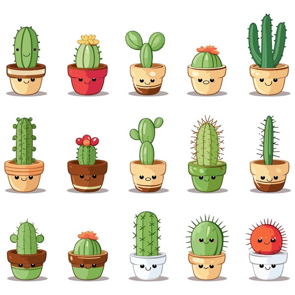 Cute Cactus Clipart, Sweety Cactus Sticker Clipart icon, - 15 High Quality Vector Sticker,  Digital Download