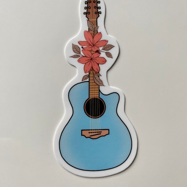 Acoustic Guitar Flowers Sticker, Vinyl Sticker for Laptops, Phone, Car, Coffee Mug, Water Bottle, Guitar Sticker