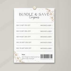 May include: A white coupon card with gold text and floral accents. The card lists discounts for buying multiple items, with codes like "MOCKSCLUB15" for 15% off when buying 3 items.