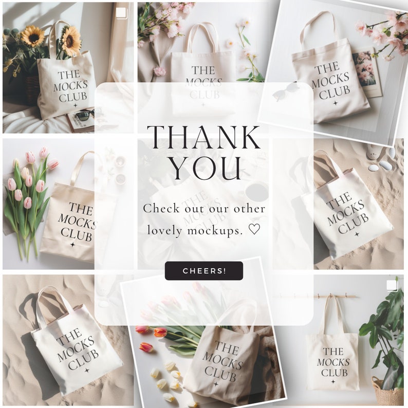 May include: A collage of nine images featuring tote bags with the text "The Mocks Club" printed on them. The bags are displayed in various settings, including a floral background, a sandy beach, and a white surface.