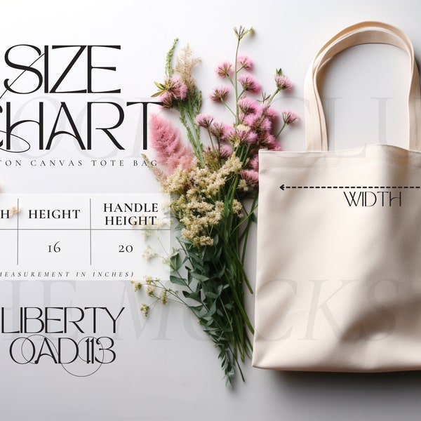 Liberty Bags OAD113 Tragetasche Größentabelle | Canvas Einkaufstasche Mockup, Minimal, Ästhetisch, Frühling, Blumen, Natürlich, Sommer, Bio, Eco, Beige