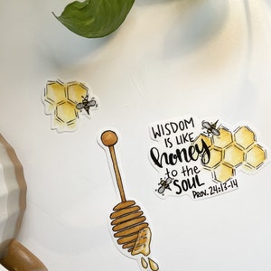 Honingbijbel journaling sticker set van 11 - honingraat bijen veren schrift Psalmen spreuken herten tranen pot bloemen zoeken vergrootglas
