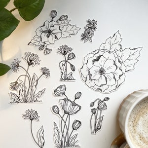 Black & White Floral Bibel Journaling Aufkleber Set von 8 - Line Art Mohn Gänseblümchen Blumen Blätter Transparent