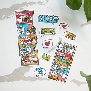 Comic Book Style &quot;Power&quot; Bible Journaling Sticker Set of 17 - Scriptures on Power, Lightening Bolts, Stars, Lettering, Bubble Quotes, Amen