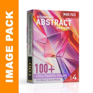 以下が含まれることがあります： 「IMAGE PACK」と「STUNNING ABSTRACT DESIGNS」の文字が入った製品パッケージ。ピンクと紫の抽象的な形のグラフィックが特徴です。また、「100+ Ultra-Realistic Images For Web & Social Media」と記載されています。